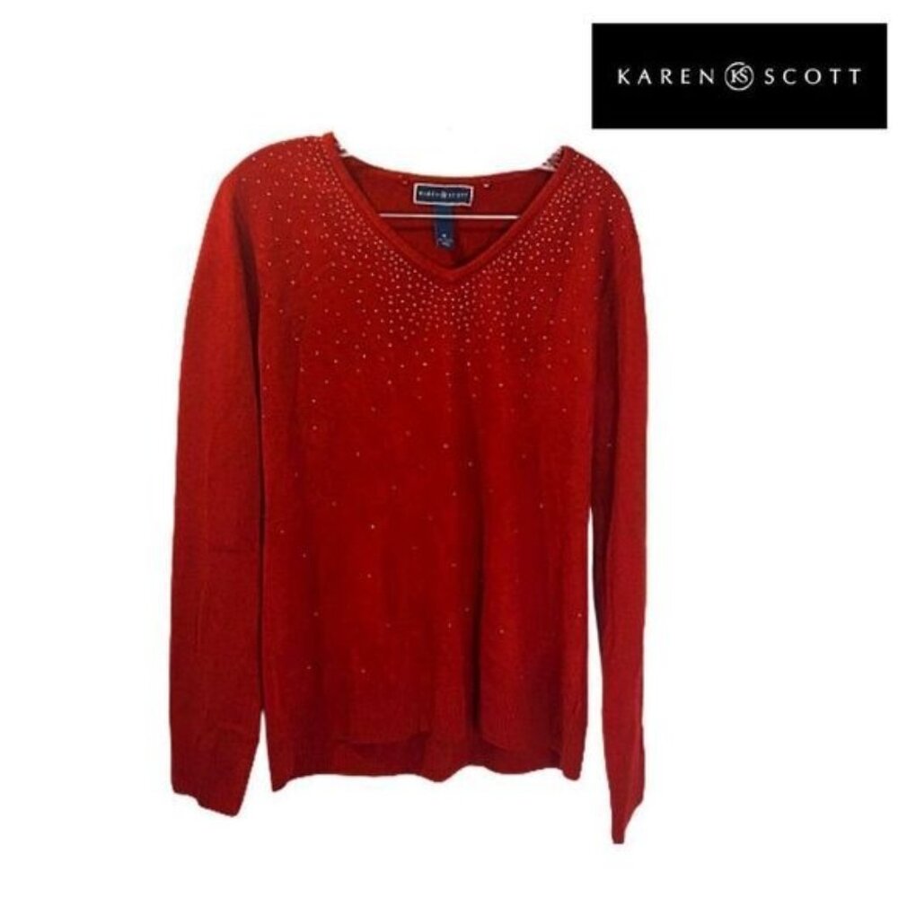 Karen‎ Scott Red V-Neck Rhinestone Embellished Pullover Sweater